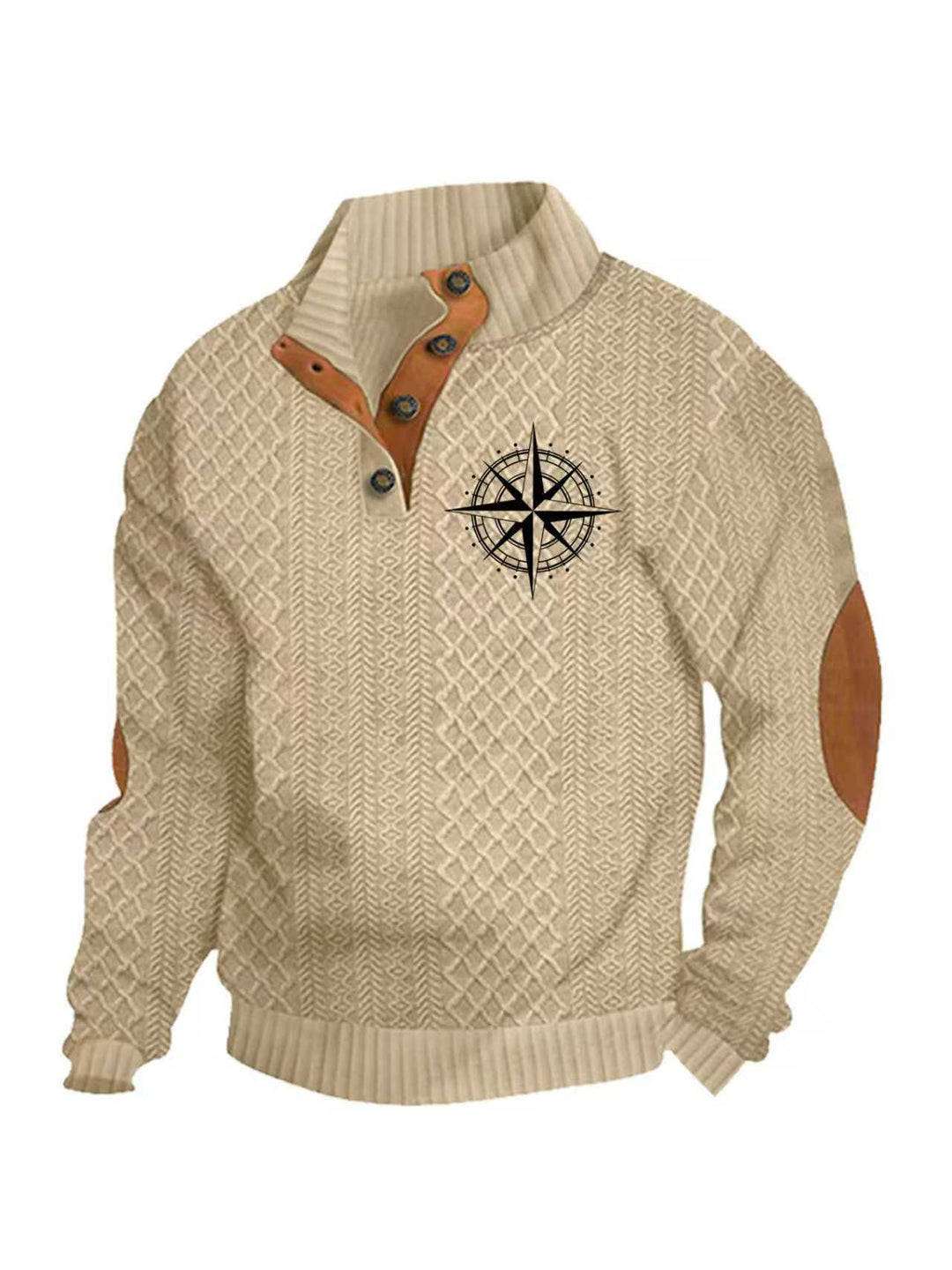 Herren nan Heritage-Strukturpullover mit Stehkragen Lederimitat-Besatz Ellenbogen-Patches und Halbknopfleiste
