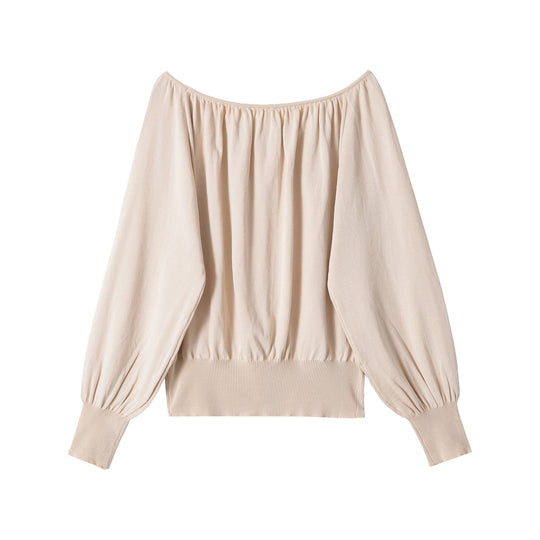 Damen Schulterfreier Strickpullover mit Ballonärmeln und breitem Rippbund Nord Taschen