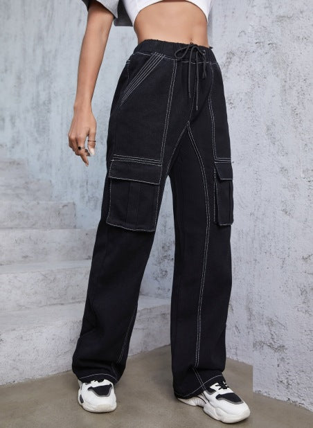 Damen utilitaristische Cargo-Hose aus Denim mit Kontrastnähten und Kordelzug Nord Taschen