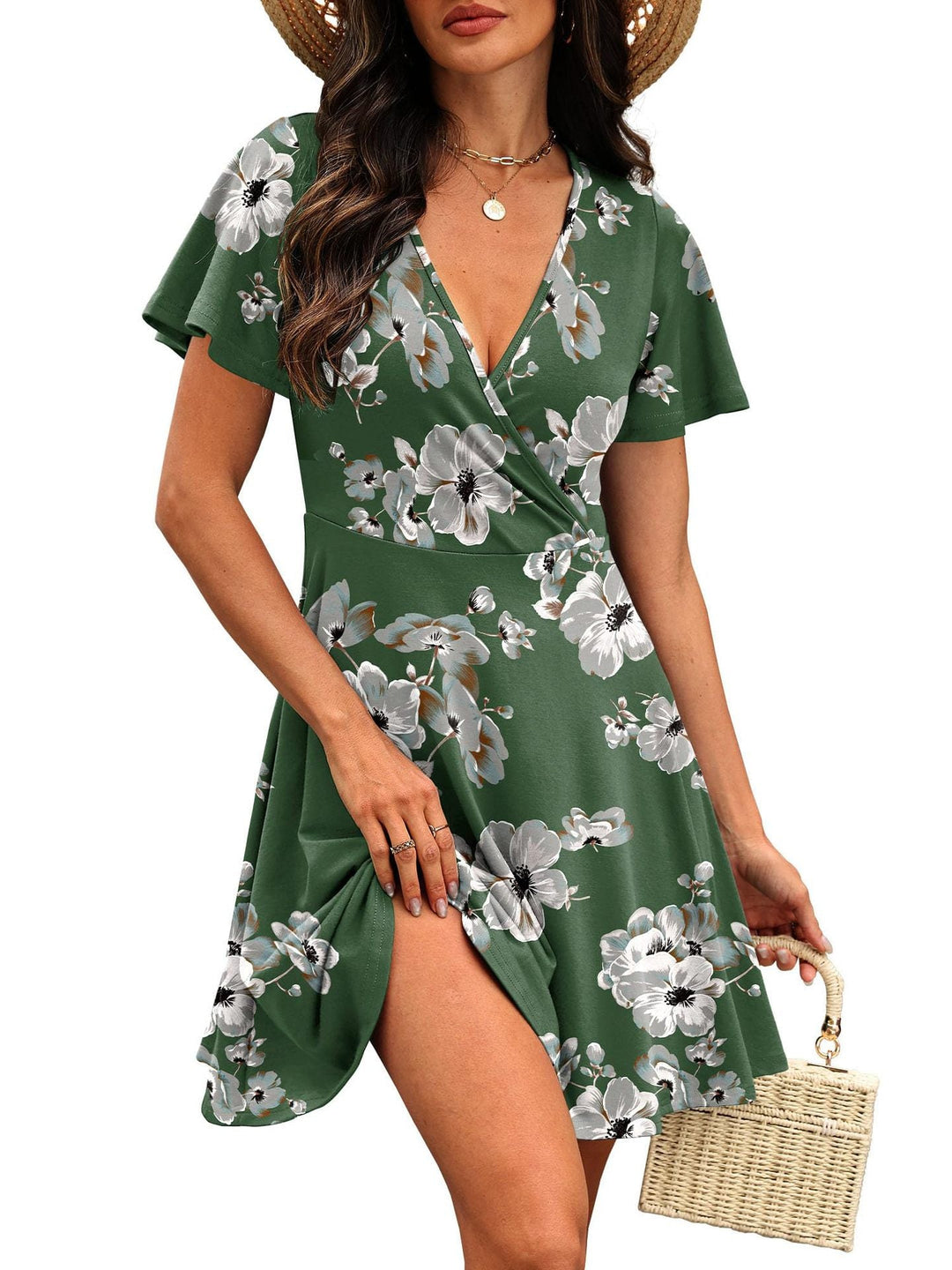 Damen Kurzärmeliges Wickelkleid mit floralen Mustern und V-Ausschnitt