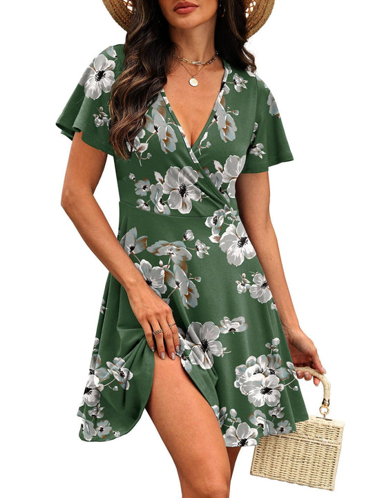 Damen Kurzärmeliges Wickelkleid mit floralen Mustern und V-Ausschnitt