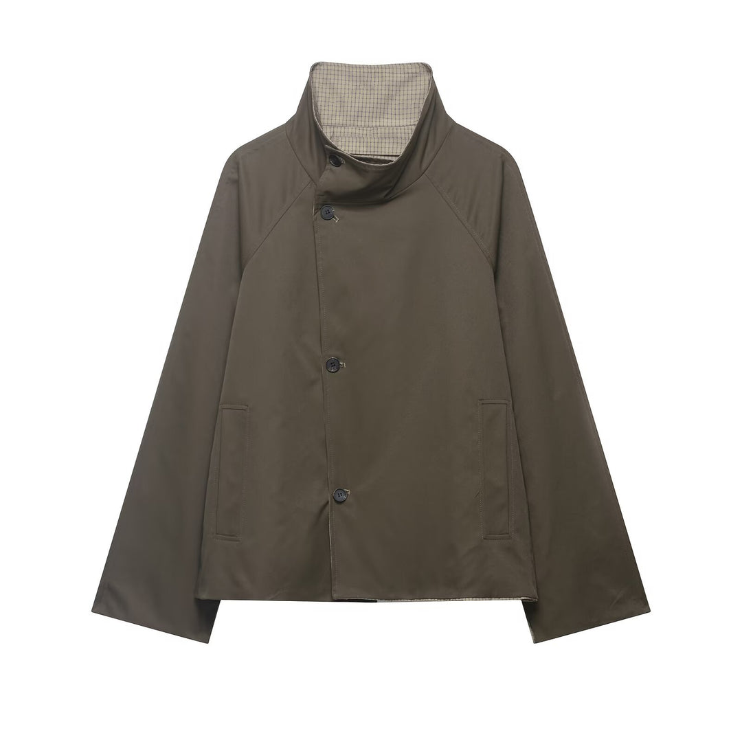 Herren Kurze wasserabweisende Übergangsjacke mit hohem Stehkragen, asymmetrischer Knopfleiste und Raglanärmeln Nord Taschen