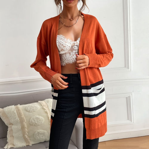 Damen Midilanger offener Feinstrick-Cardigan mit Colorblock-Streifen und aufgesetzten Taschen Nord Taschen