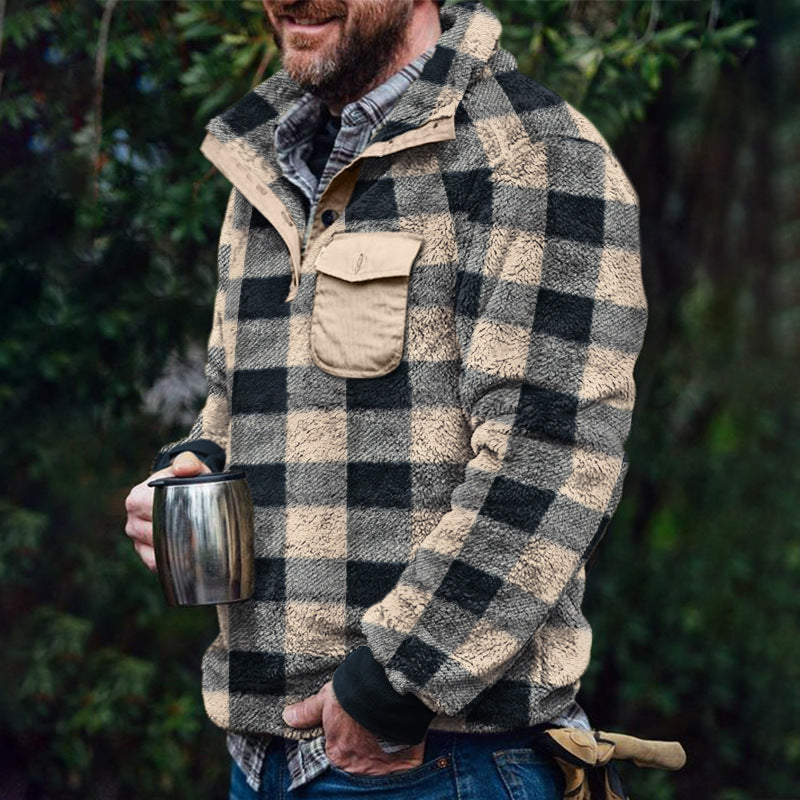 Herren Fleece-Pullover mit Karomuster und Hohem Kragen Avellé