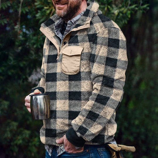 Herren Fleece-Pullover mit Karomuster und Hohem Kragen Avellé