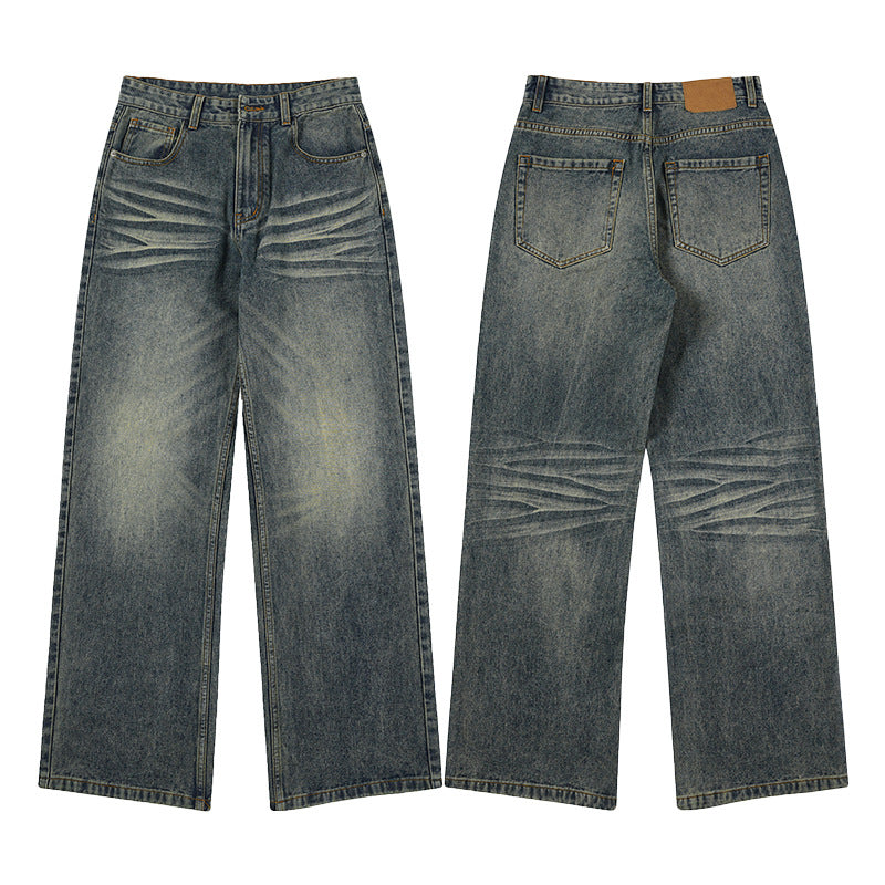 Herren Weite Denim-Jeans im Vintage-Whisker-Look mit horizontalen Falten und bodenlangem Saum Nord Taschen
