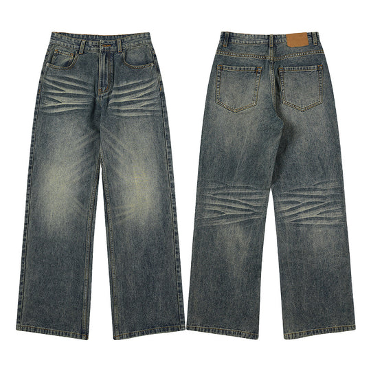 Herren Weite Denim-Jeans im Vintage-Whisker-Look mit horizontalen Falten und bodenlangem Saum Nord Taschen