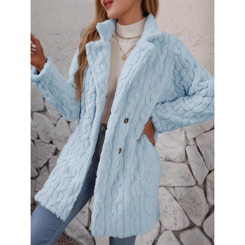 Damen Midilanger Teddy-Mantel mit Zopfmuster, Reverskragen und doppelt geknöpfter Front Nord Taschen