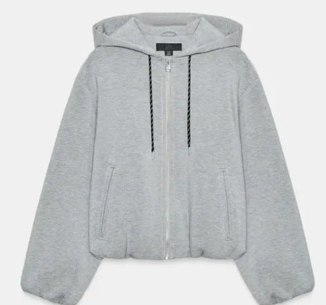 Damen Cropped Kapuzen‑Sweatjacke im Bomberstil mit Ballonärmeln Nord Taschen