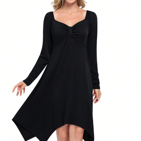 Damen asymmetrisches Longsleeve-Kleid mit gerafftem Bustier, Empire‑Naht und Zipfelsaum Nord Taschen