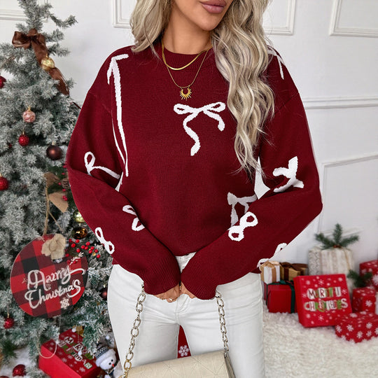 Damen Feiner Jacquard-Strickpullover mit Schleifenmotiv, Rundhalsausschnitt und geripptem Saum Nord Taschen