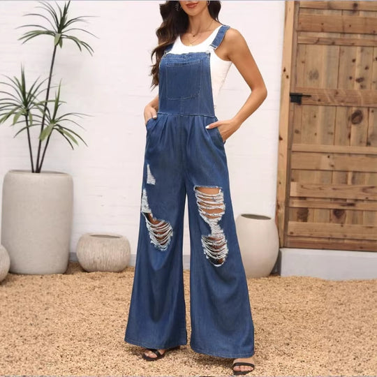 Damen weite Distressed-Latzhose mit verstellbaren Trägern und großen Knie-Rips Nord Taschen