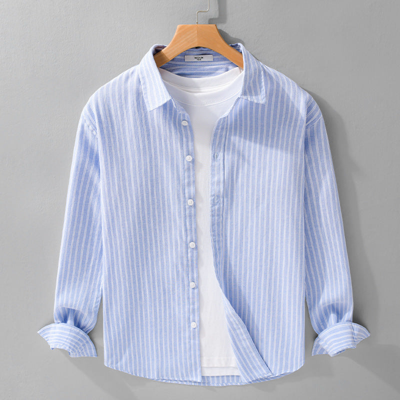 Herren Lässiges Leinen-Baumwoll-Langarmhemd mit feinem Nadelstreifen, Easy‑Care Finish und abgerundetem Saum Nord Taschen