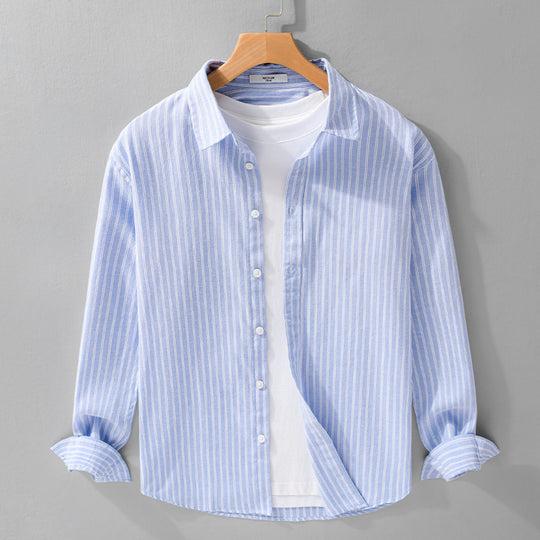 Herren Lässiges Leinen-Baumwoll-Langarmhemd mit feinem Nadelstreifen, Easy‑Care Finish und abgerundetem Saum Nord Taschen