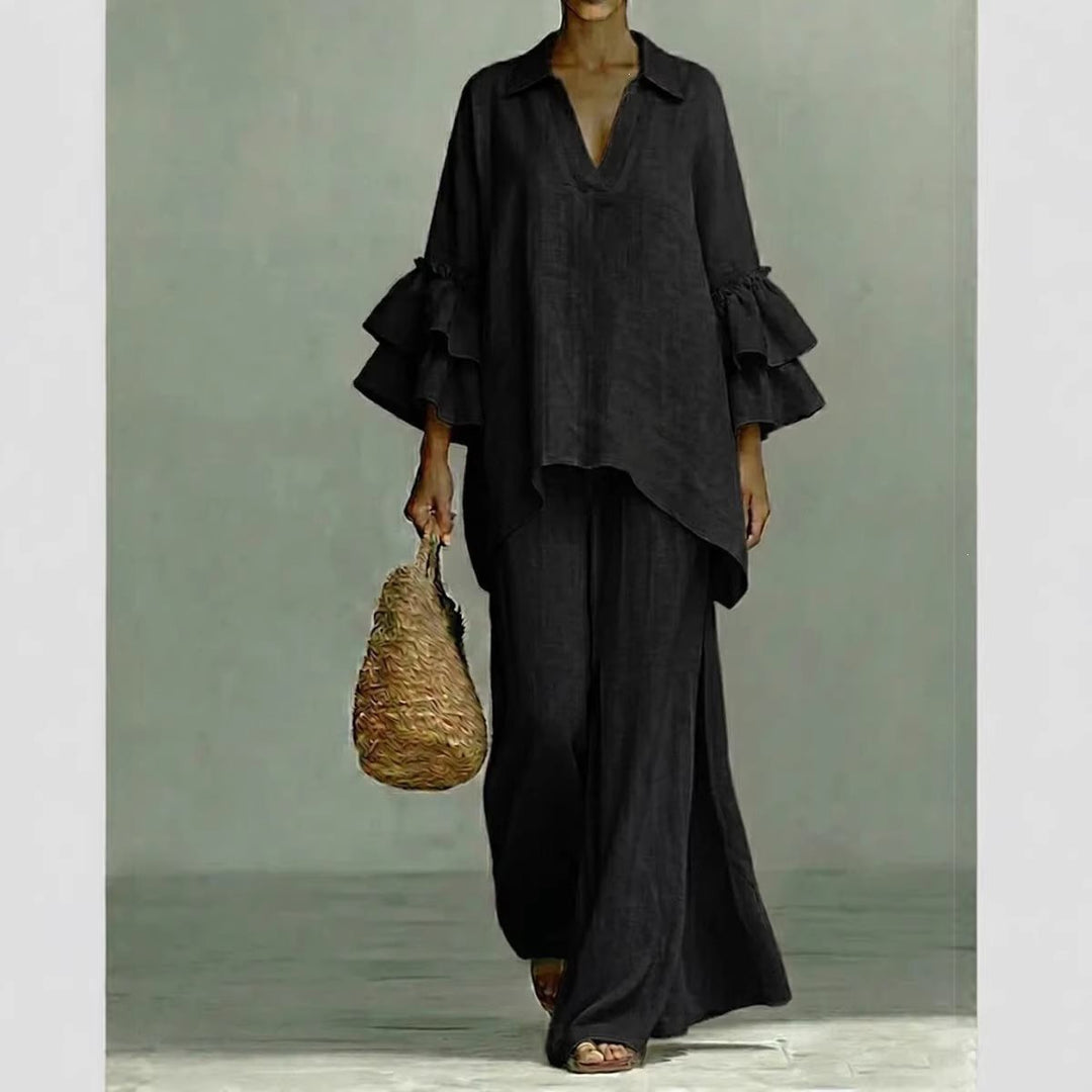 Damen Leinen-Loungewear-Set mit Volantärmeln und weitem Palazzo-Hose Nord Taschen