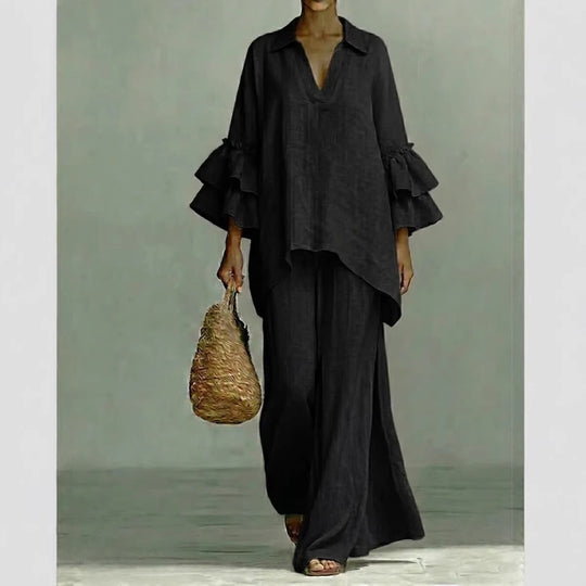 Damen Leinen-Loungewear-Set mit Volantärmeln und weitem Palazzo-Hose Nord Taschen