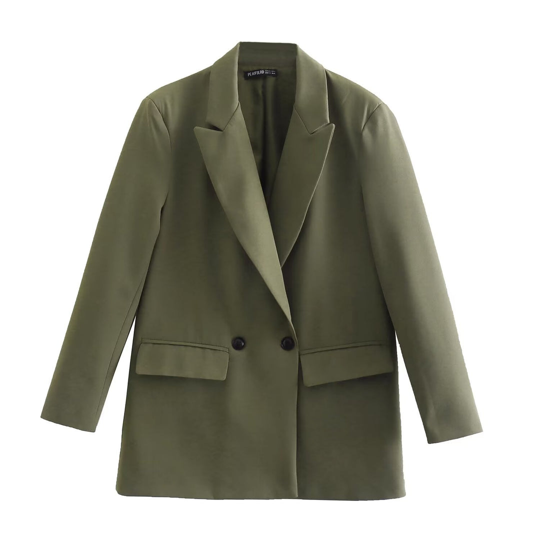 Damen Doppelreihiger Longblazer mit weitem Schalkragen und Pattentaschen Nord Taschen