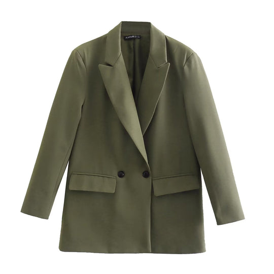 Damen Doppelreihiger Longblazer mit weitem Schalkragen und Pattentaschen Nord Taschen