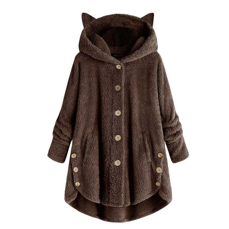 Damen Kapuzen-Teddy-Mantel mit Katzenohren, Knopfleiste und asymmetrischem Saum Nord Taschen