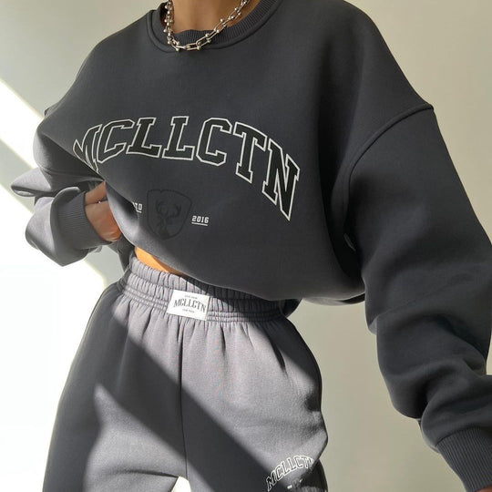 Damen Oversized College-Sweatshirt und High-Waist-Jogger-Set aus French-Terry Nord Taschen