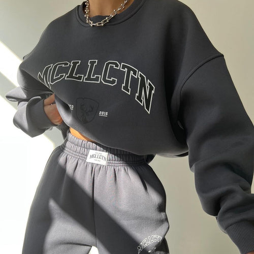 Damen Oversized College-Sweatshirt und High-Waist-Jogger-Set aus French-Terry Nord Taschen