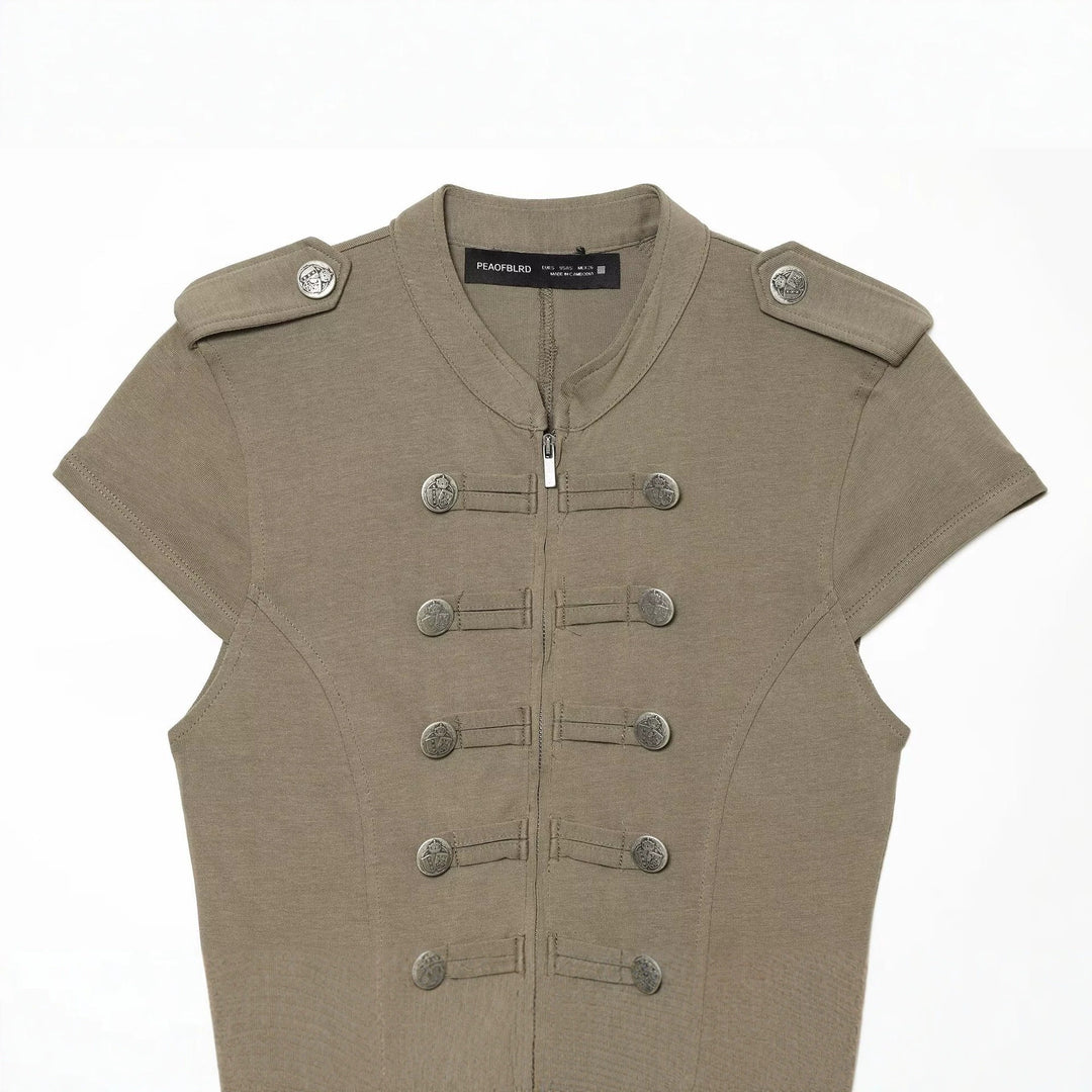 Damen Kurzärmelige militärisch-inspirierte Weste mit Zierriegeln und Metallknöpfen Nord Taschen