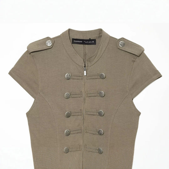 Damen Kurzärmelige militärisch-inspirierte Weste mit Zierriegeln und Metallknöpfen Nord Taschen