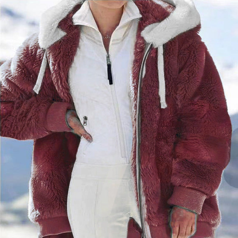 Damen Oversized Sherpa-Zipjacke mit Kontrastkragen, Rippbündchen und Kordelzug Nord Taschen