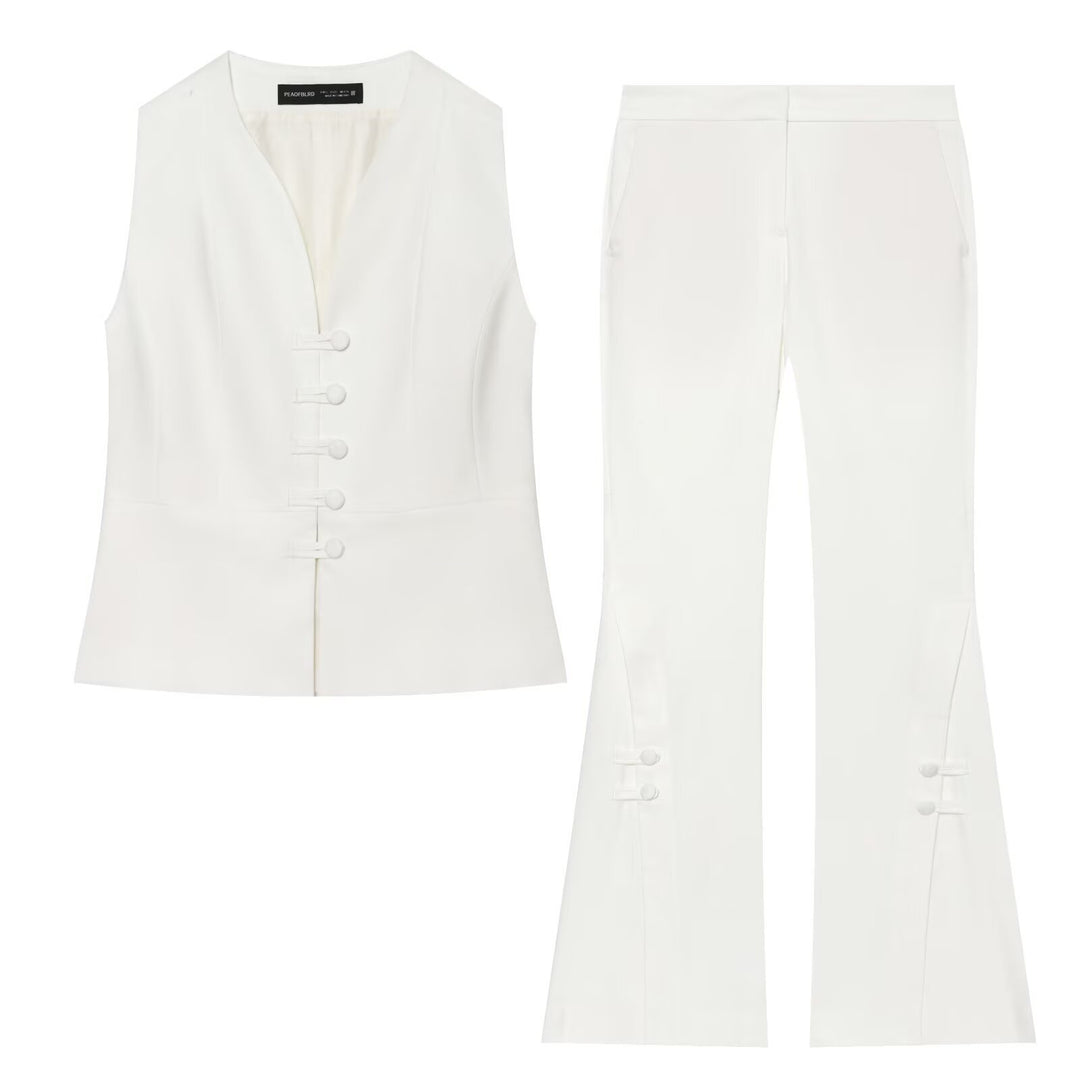 Damen High-Waist Schlaghose mit Zierknopfleiste und Eingrifftaschen Nord Taschen
