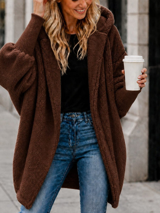 Damen Oversized Sherpa-Kapuzenmantel mit offenem Saum und Rippenbündchen Nord Taschen