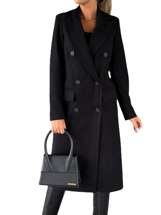 Damen Doppelreihiger Midilanger Wollmantel mit Reverskragen und taillierter Silhouette Nord Taschen