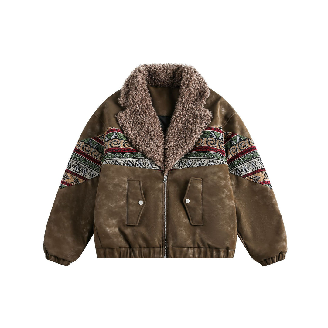 Damen Kurzer Suede-Bomber mit Kunstfellkragen und Ethno-Webeinsätzen Nord Taschen