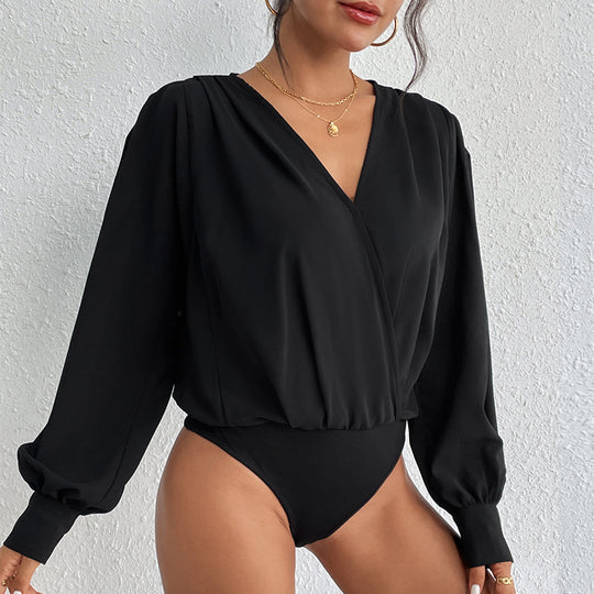 Damen Leichte Wickelbluse mit V-Ausschnitt, gerafften Schultern & Ballonärmeln Nord Taschen