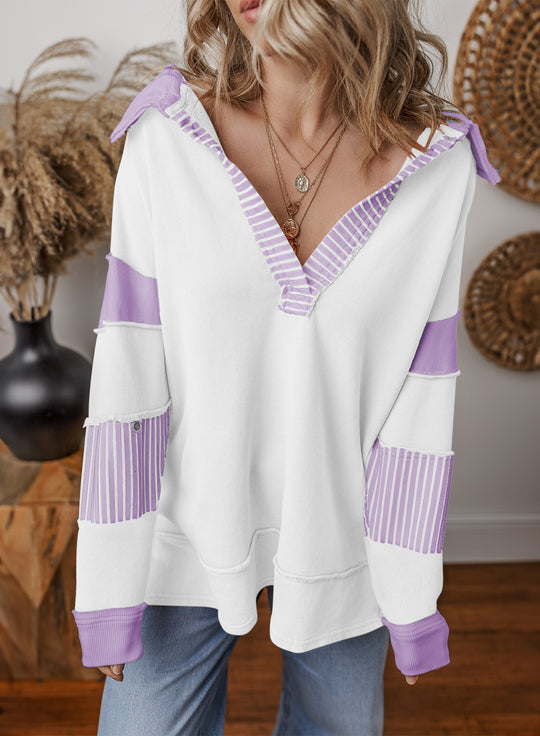 Damen Oversize-Sweatshirt mit tiefem V-Ausschnitt, Streifeninnenkragen und Kontrastärmeln Nord Taschen