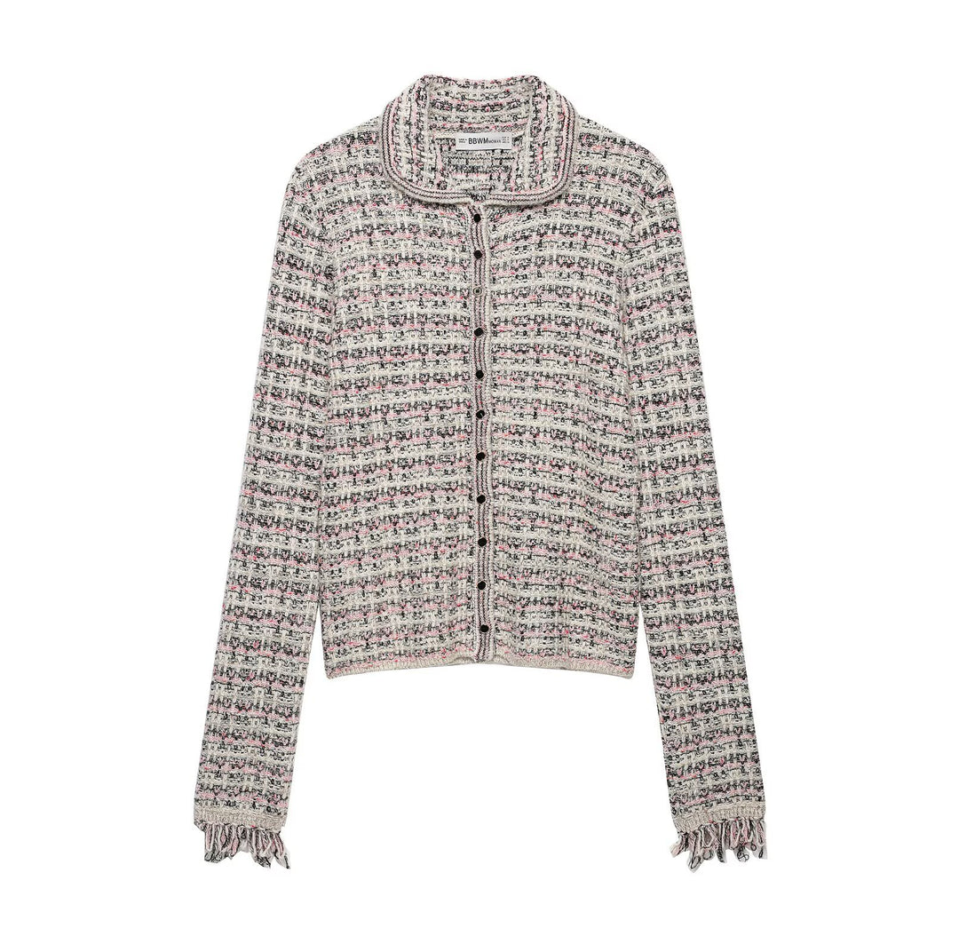 Damen Tweed-Cardigan mit Rundkragen, durchgehender Knopfleiste und Fransenabschlüssen Nord Taschen