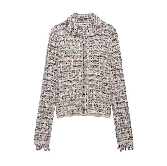 Damen Tweed-Cardigan mit Rundkragen, durchgehender Knopfleiste und Fransenabschlüssen Nord Taschen