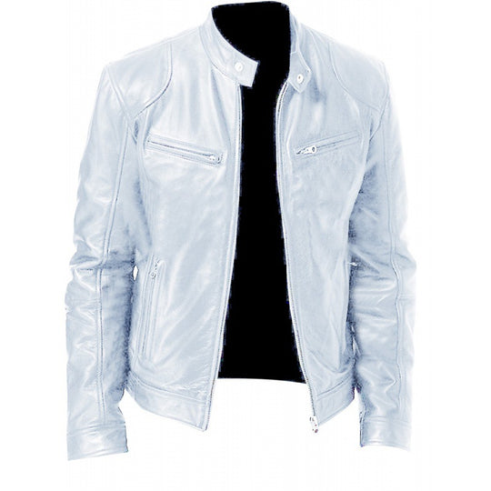 Herren schlanke Echtleder-Bikerjacke mit Stehkragen, zwei Brust-Reißverschlusstaschen und geradliniger Silhouette Nord Taschen