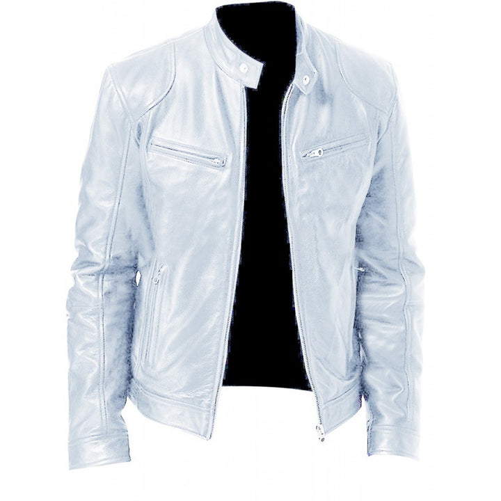 Herren schlanke Echtleder-Bikerjacke mit Stehkragen, zwei Brust-Reißverschlusstaschen und geradliniger Silhouette Nord Taschen