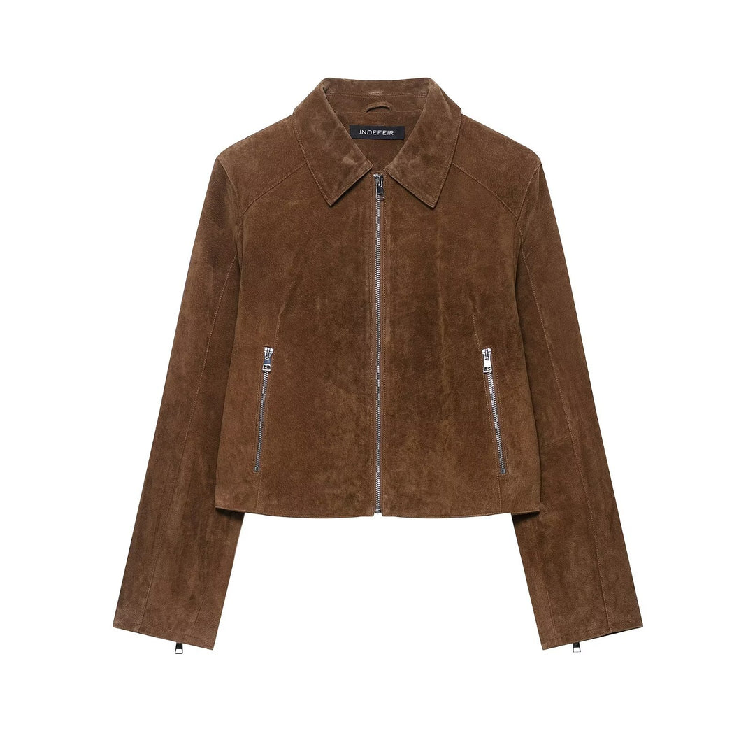 Damen Cropped Velourslederjacke mit Hemdkragen, Reißverschluss und Zipp-Taschen Nord Taschen