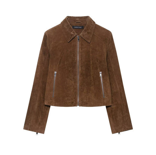 Damen Cropped Velourslederjacke mit Hemdkragen, Reißverschluss und Zipp-Taschen Nord Taschen