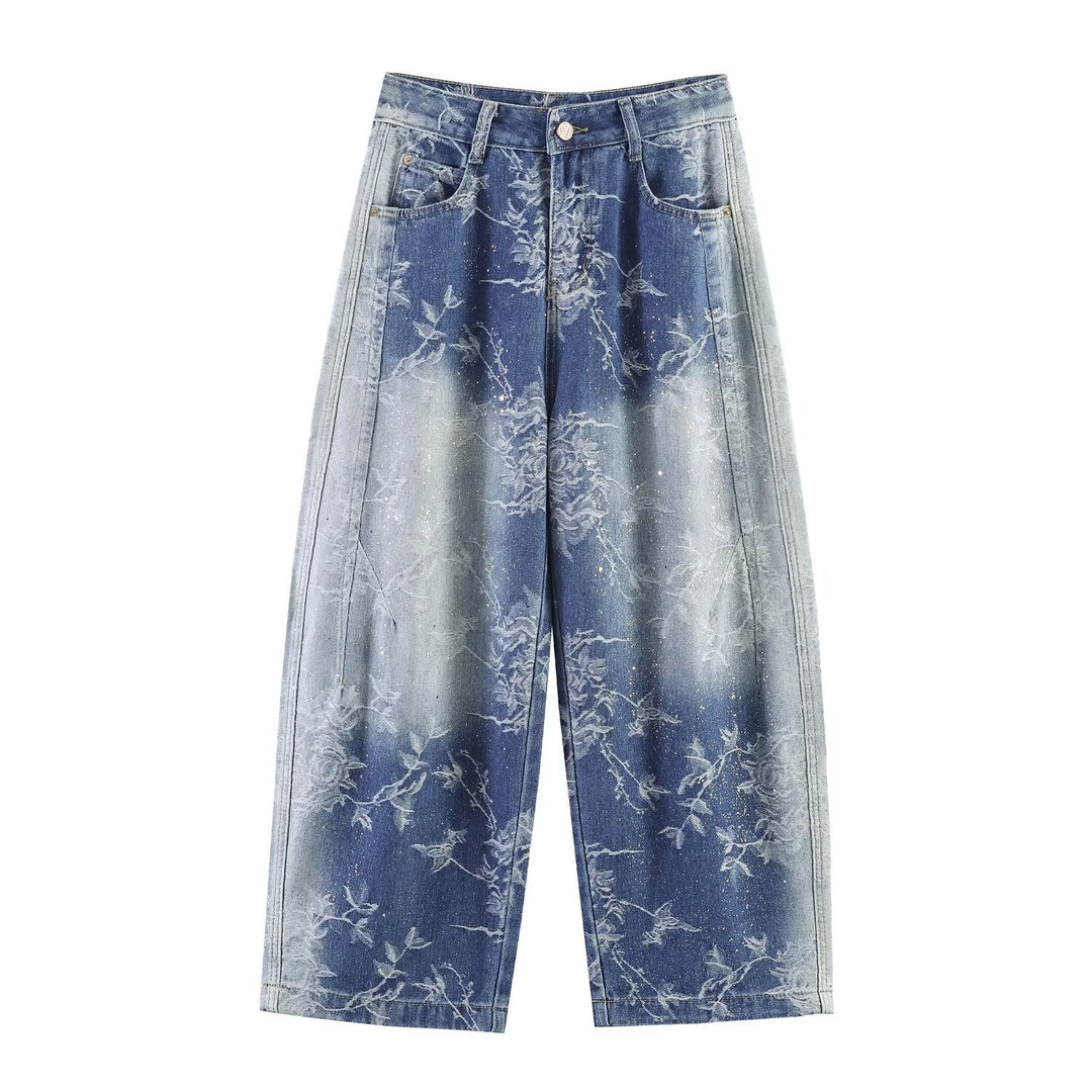 Damen Highwaist Culotte-Jeans mit weitem Bein und floraler Bleach-Optik Nord Taschen
