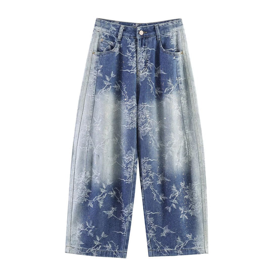 Damen Highwaist Culotte-Jeans mit weitem Bein und floraler Bleach-Optik Nord Taschen