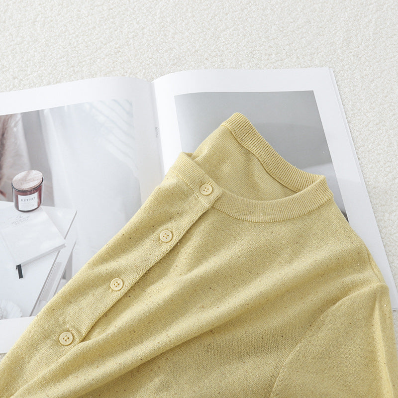 Damen Feiner Rundhals-Cardigan aus leichtem Feinstrick mit Perlmuttknopfleiste und dezentem Glitzereffekt Nord Taschen