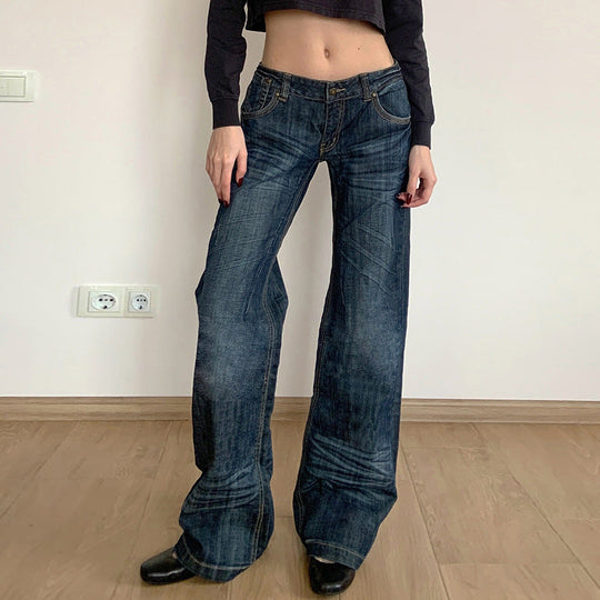 Damen Weite Jeans im Vintage-Stil mit hohem Bund und modischen Steppnähten