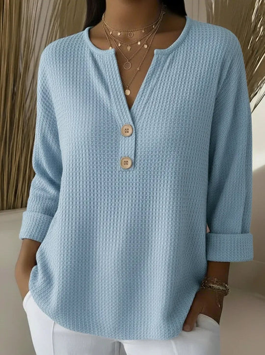 Damen Waffelstrick-Henleyshirt mit Holzknöpfen und krempelbaren Ärmeln Nord Taschen