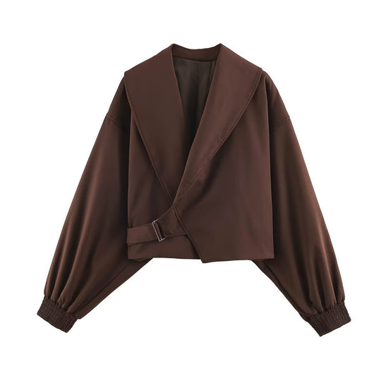 Damen Cropped-Jacke mit weitem Matrosenkragen, asymmetrischem Überschlag und Ballonärmeln Nord Taschen
