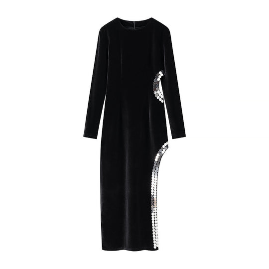 Damen Samt-Maxikleid mit seitlichem Pailletten-Detail Nord Taschen