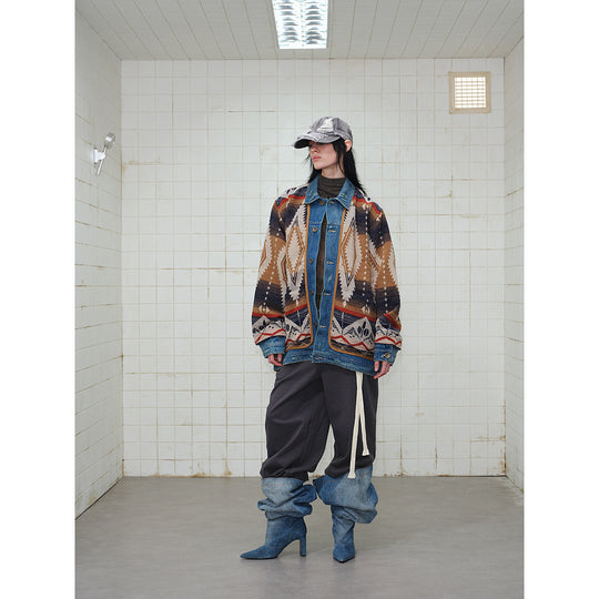 Unisex Weit geschnittene Jacquard-Linerjacke mit Denim-Besatz und grafischem Ethno-Muster Nord Taschen