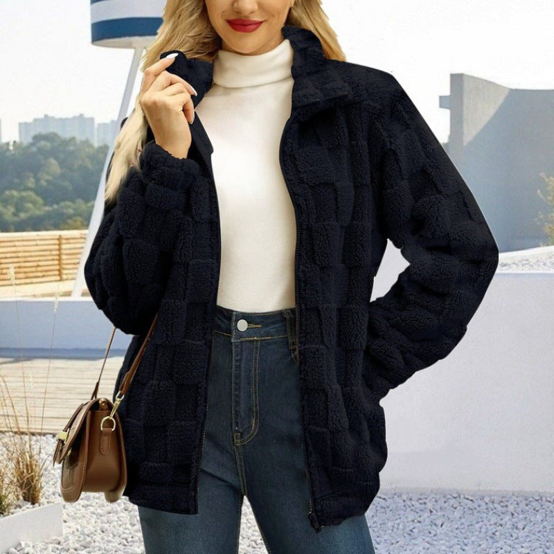 Damen Teddyjacke mit Karo-Struktur, Stehkragen und Reißverschluss Nord Taschen