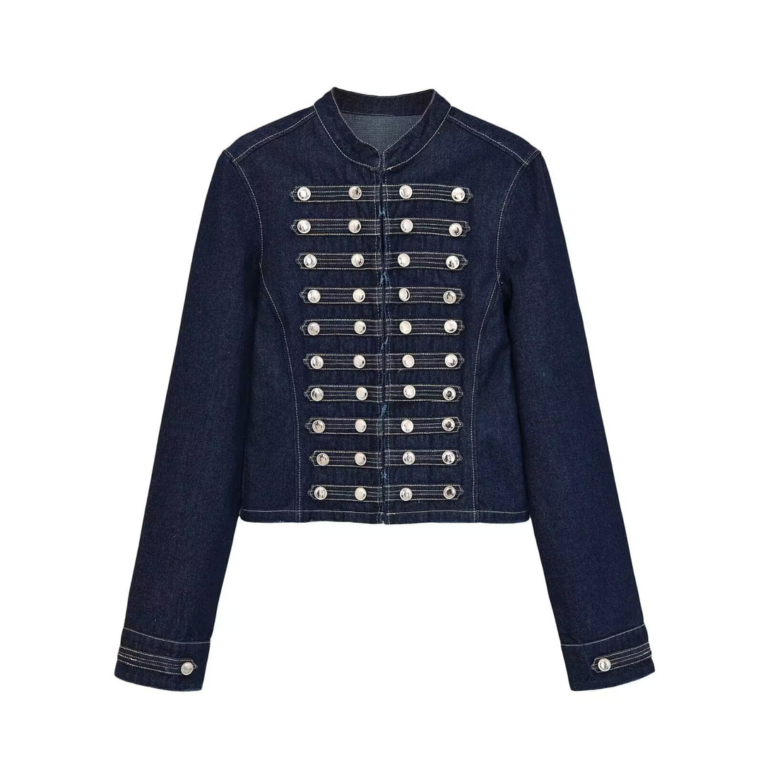 Damen Jeansjacke im Militärstil mit Stehkragen und dekorativen Zierknopfleisten Nord Taschen